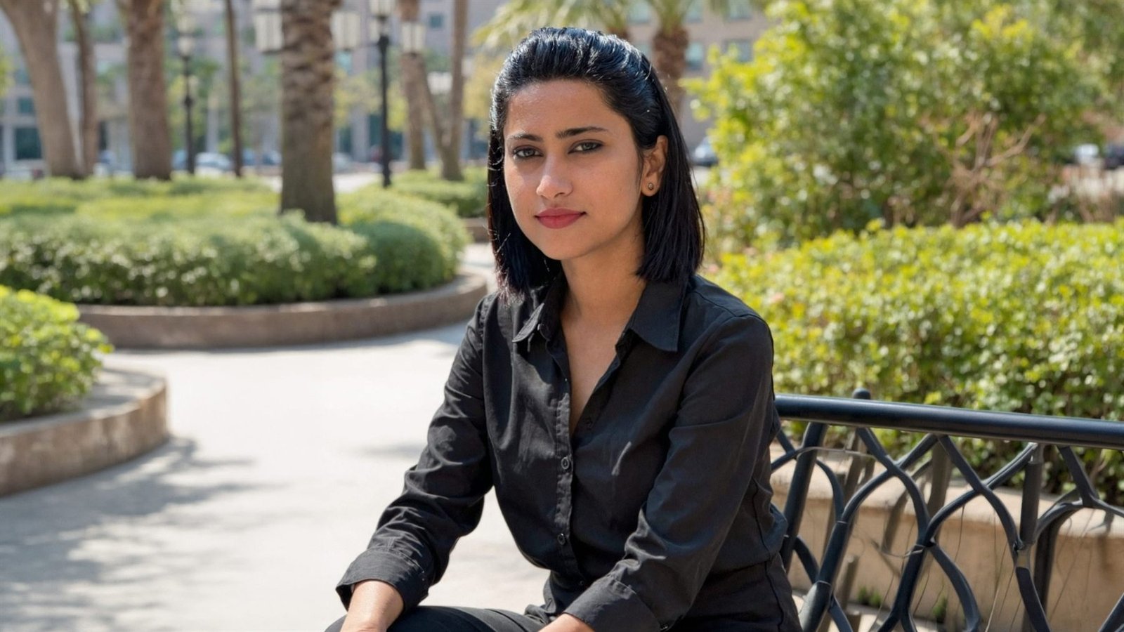 Abhijna Lekha R sitting on a bench in a Dubai park